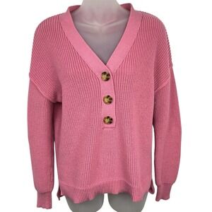 Rachel Zoe Henley Crochet Sweater Chunky Knit V-Neck Pink‎ Women's Size Small